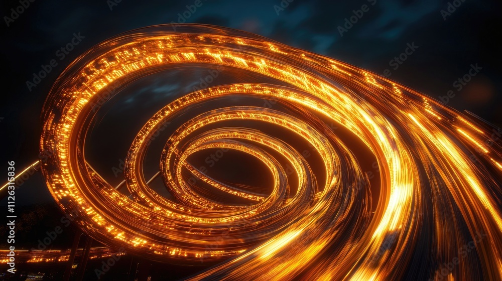 Poster rollercoaster light trails captured in long exposure, forming exciting curves and loops as they cut 