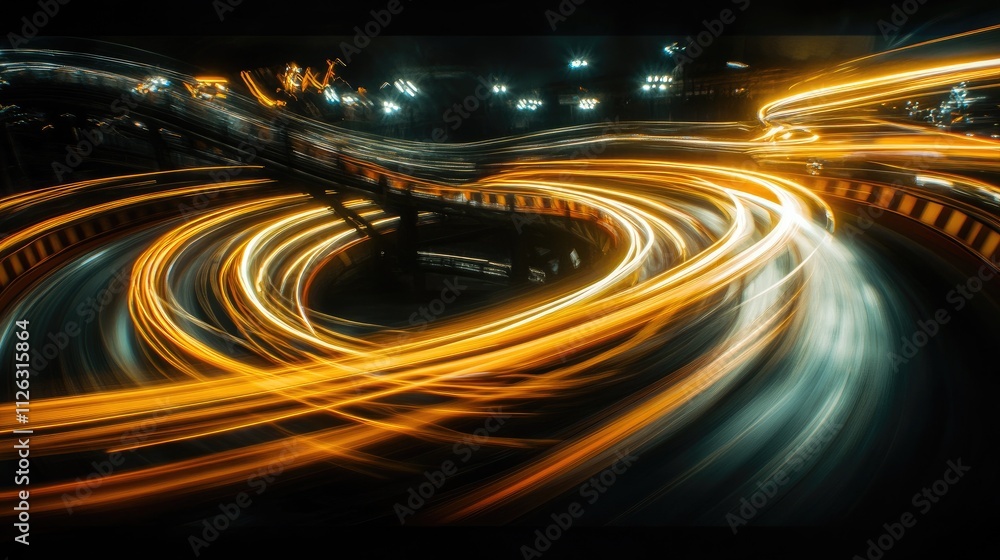 Poster rollercoaster light trails captured in long exposure, forming exciting curves and loops as they cut 