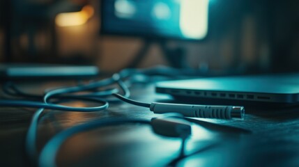 Close-up of cables and laptop on a desk at night.