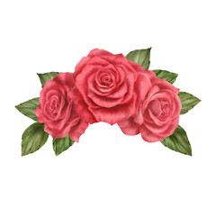 Red roses with leaves in a semicircular arrangement in realistic style in watercolor technique as a symbol of love,passion,desire.Hand-drawn watercolor illustration for Valentine's Day,Woman's day