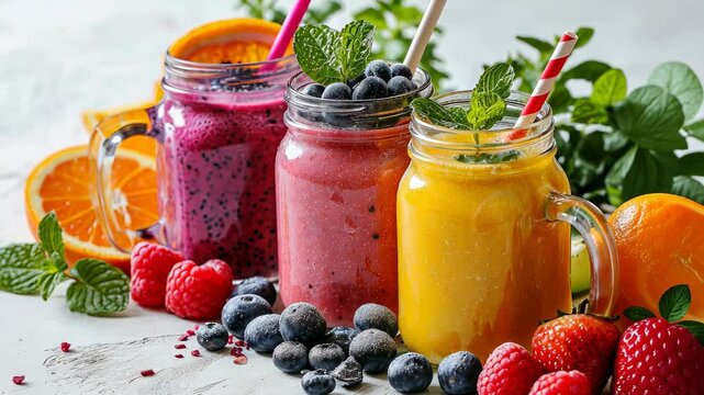 video of fruit smoothie in transparent glass on table, food, cocktail, healthy food, vegetarian drink, bar, cafe, restaurant, kitchen, diet