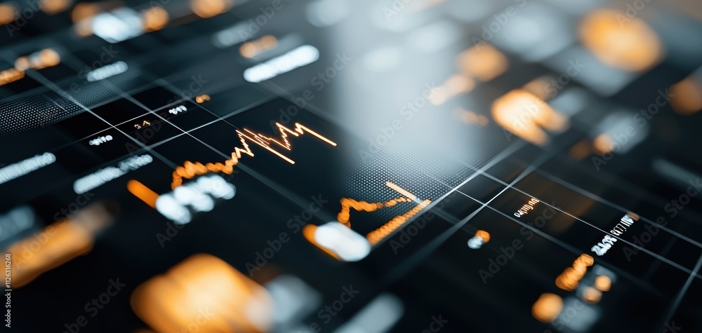 Poster a close-up of a digital financial graph displaying market trends with orange and white lines against