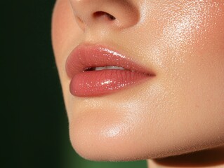 A close-up of smooth, glossy lips showcasing a natural, radiant look, complemented by a soft glow and subtle blush on the skin.