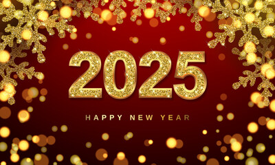 Christmas banner with snowflakes and numbers 2025. Gold glitter and bright bokeh. 3D realistic illustration on red background. vector.