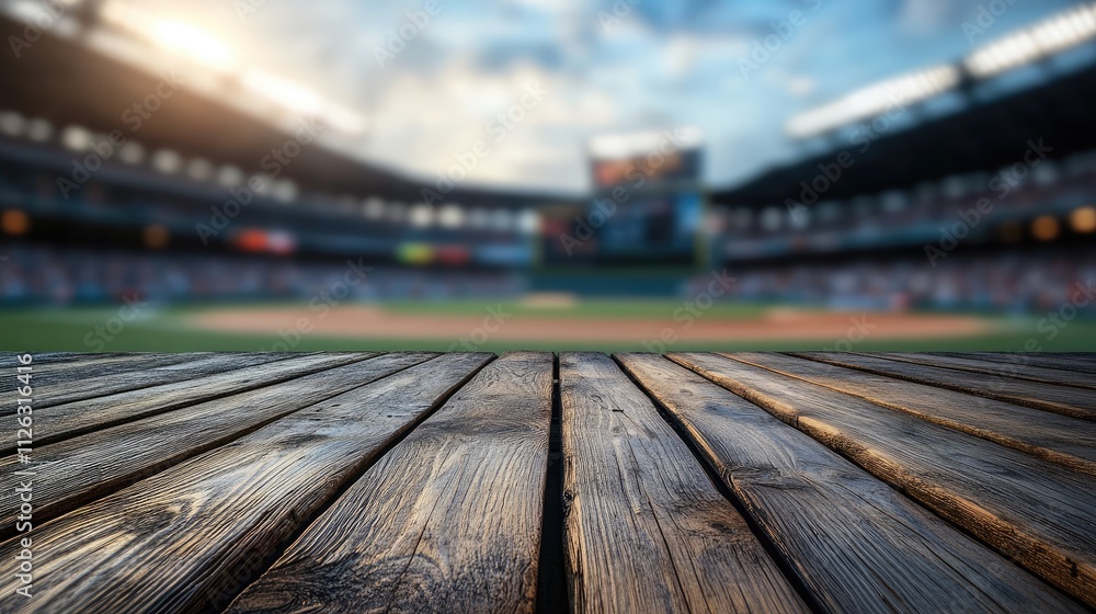 Aufkleber Sharp focus on a wooden table surface, with a blurred view of a lively baseball stadium in the distance, creating a dynamic contrast.