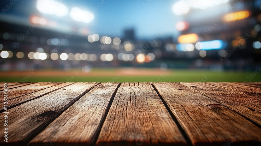 Aufkleber sharp focus on a wooden table surface, with a blurred view of a lively baseball stadium in the dista