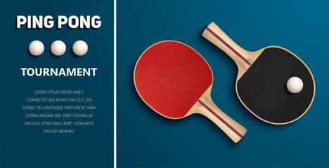 Poster tournament - rackets and balls for ping-pong. For games, championships and advertising. Background  blue table. Vector.