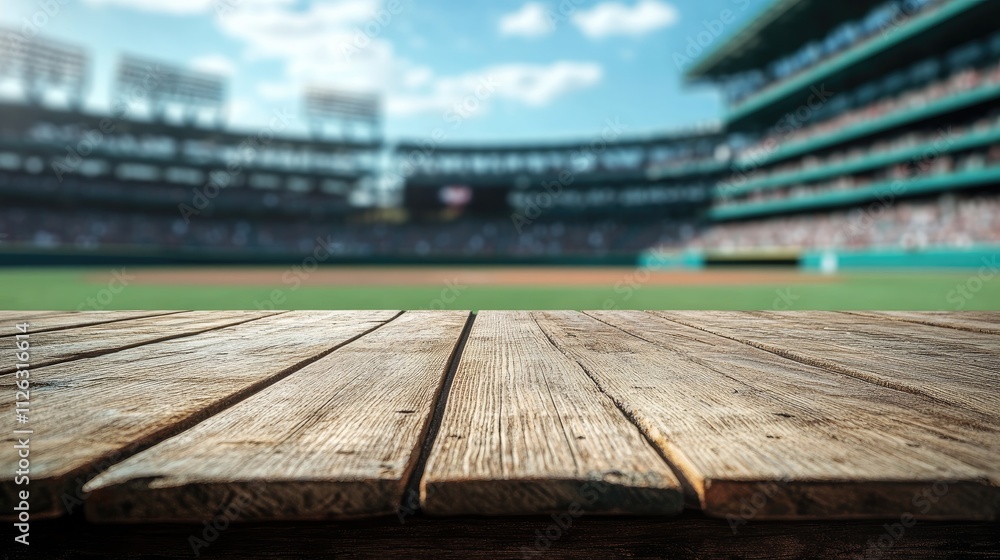 Poster sharp focus on a wooden table with the bustling outline of a baseball stadium in the background, emp