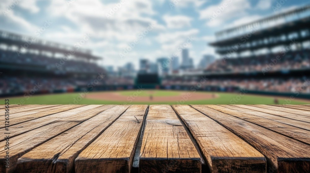 Poster Sharp focus on a wooden table with the bustling outline of a baseball stadium in the background, emphasizing the dynamic contrast.