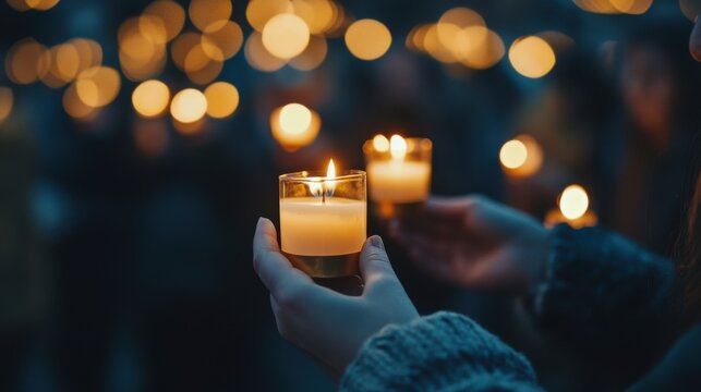 Hands holding lit candles at vigil. (1)