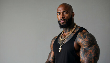 Fototapeta premium A confident African American man with tattoos, jewelry, and a muscular build, exuding strength.