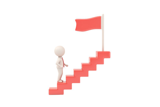 A figure ascends a staircase toward a red flag, symbolizing achievement or goal attainment.