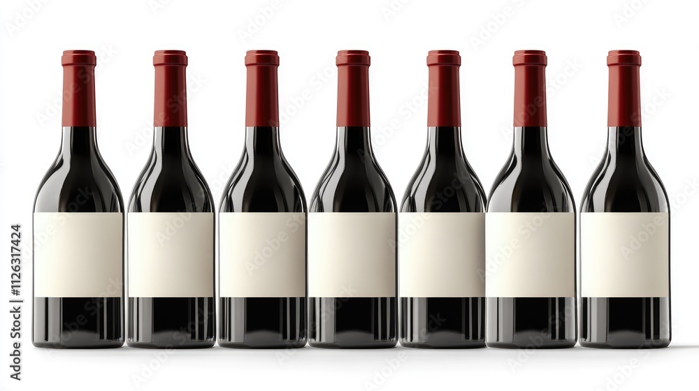 Poster sophisticated wine bottles, red and white, placed elegantly with blank labels on a white background,