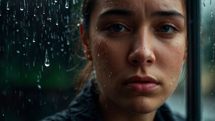 Close-up of a young woman with raindrops on a window, reflective and emotional mood