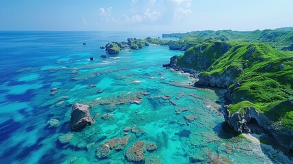 Naklejka premium Okinawa Island Coastal Cliffs Turquoise Water Aerial View