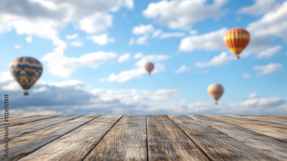 Poster subtle grain details of a rustic wooden table, framed by distant hot air balloons and a tranquil blu