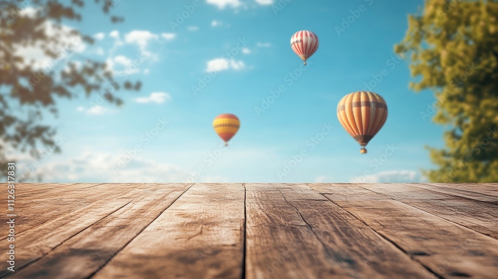 Poster subtle grain details of a rustic wooden table, framed by distant hot air balloons and a tranquil blu