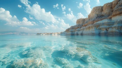 Fototapeta premium Serenity at the Dead Sea Turquoise Water Rocky Coast Clouds