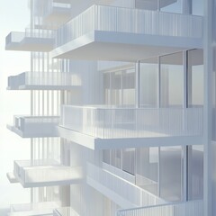 Fototapeta premium Modern architectural design featuring sleek, white balconies and a minimalist aesthetic.