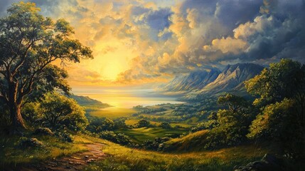 Serene Landscape at Sunrise with Mountains and Lush Greenery