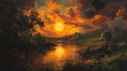 Serene Sunset Over Lake Surrounded by Lush Green Landscape