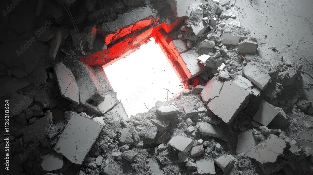 Poster the fragmented pieces of concrete and red ceramic bricks are scattered as a glowing white hole creat