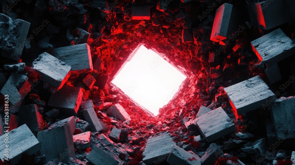 Poster the fragmented pieces of concrete and red ceramic bricks are scattered as a glowing white hole creat