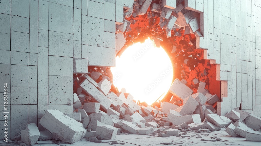 Poster the fragmented pieces of concrete and red ceramic bricks are scattered as a glowing white hole creat