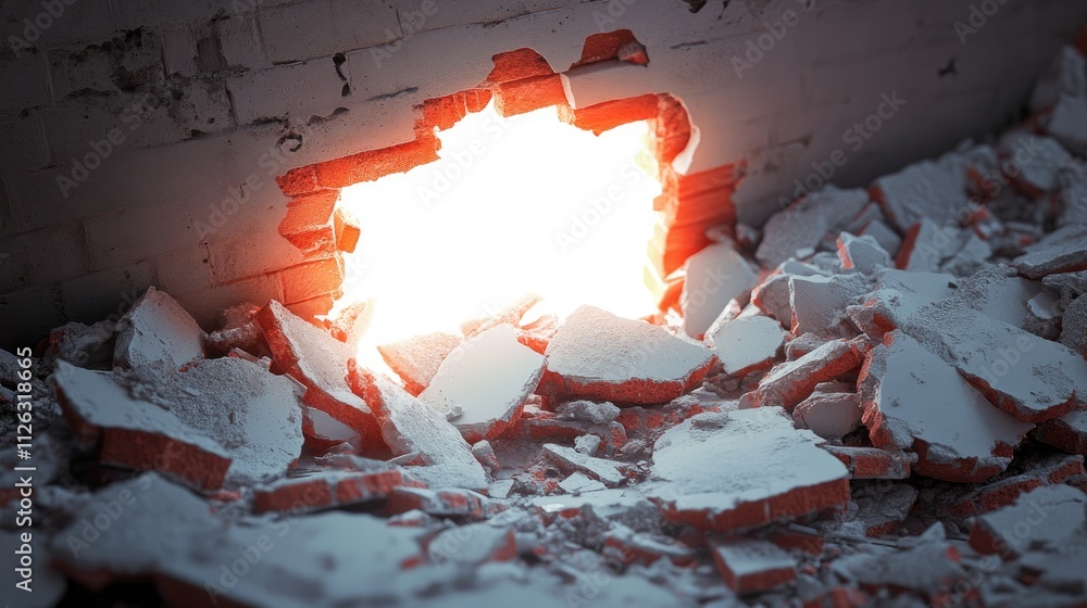 Poster the fragmented pieces of concrete and red ceramic bricks are scattered as a glowing white hole creat