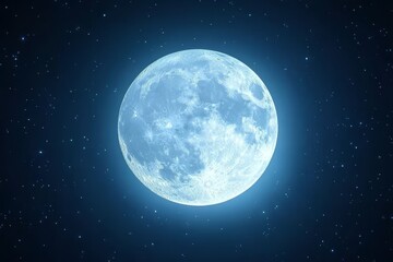 Fototapeta premium A stunning full moon shines brightly against a deep blue starry night sky.