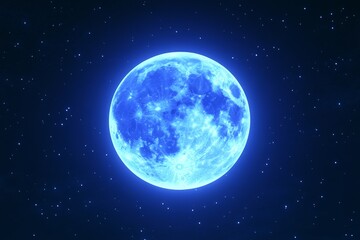 Fototapeta premium A luminous blue full moon shines brightly in a starry night sky, creating a tranquil and captivating atmosphere.