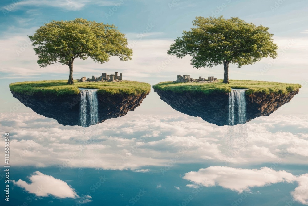 Poster surreal landscape featuring two floating islands with lush trees and waterfalls cascading into a sea