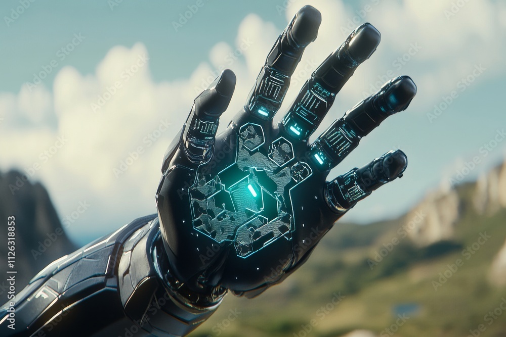 Poster futuristic robot hand displaying intricate circuitry against a stunning landscape backdrop.