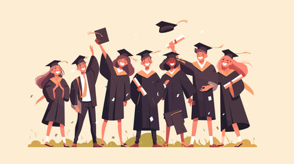 Group of people wearing graduation gowns and caps. One of them is holding a diploma. The group is smiling