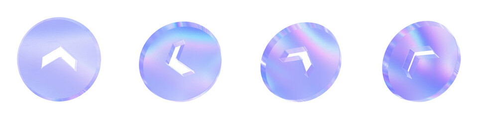 Set of 4 3d glass round arrow shape with aberration effect isolated on a transparent background. Blue tone. 3d transparent elements for graphic design.