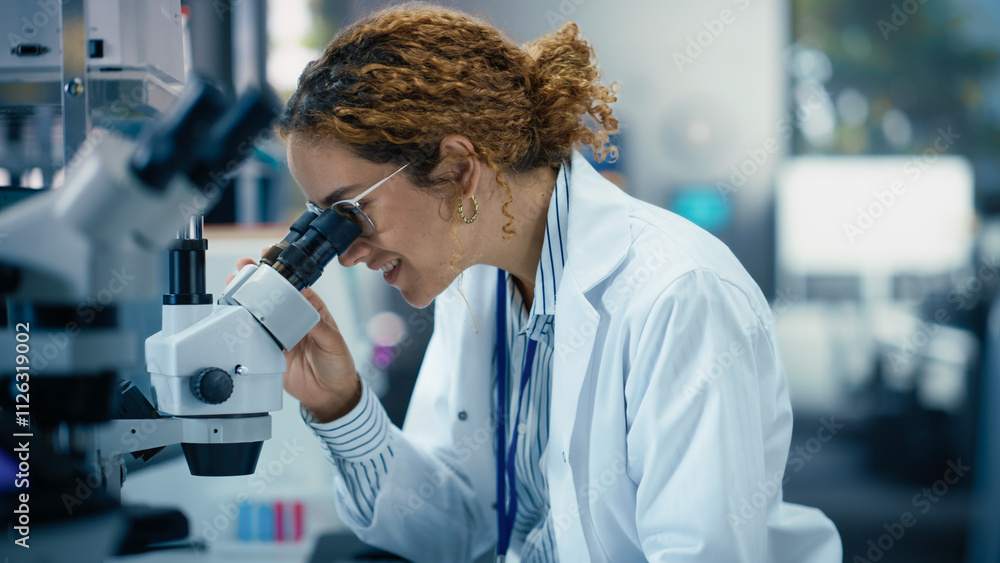 Leinwandbilder medical research and development laboratory: beautiful hispanic female scientist working on a comput