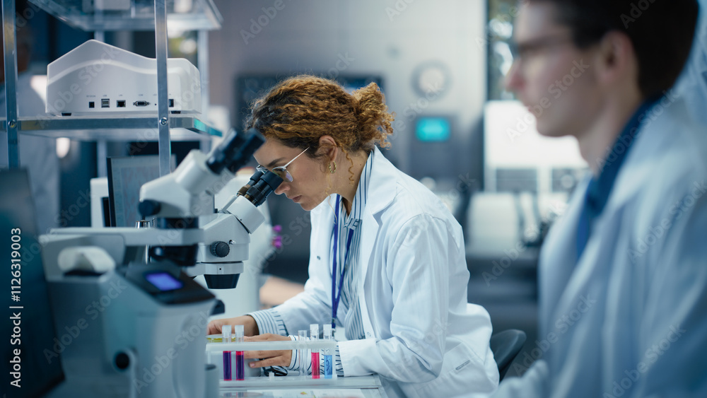 Poster Medical Research and Development Laboratory: Beautiful Hispanic Female Scientist Working on a Computer and Looking at a Sample in a Petri Dish Under a Microscope. Advanced Biotechnology Lab