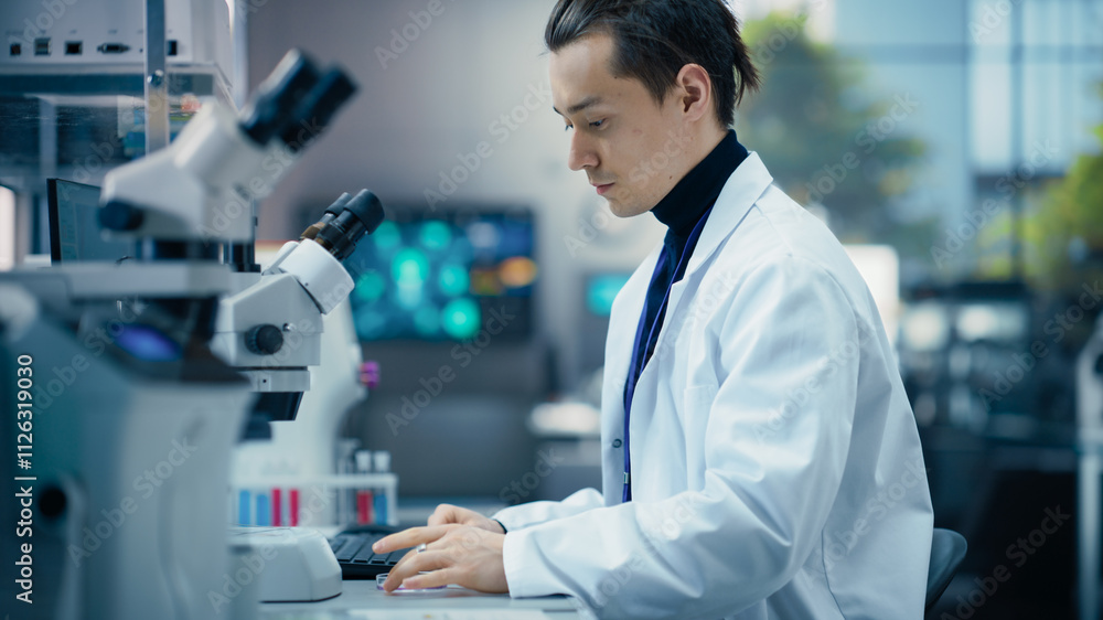 Poster Genetic Research and Development Laboratory: Young Science Student Working on a Computer and Looking at a Sample in a Petri Dish. Advanced Biotechnology Lab with Modern Equipment