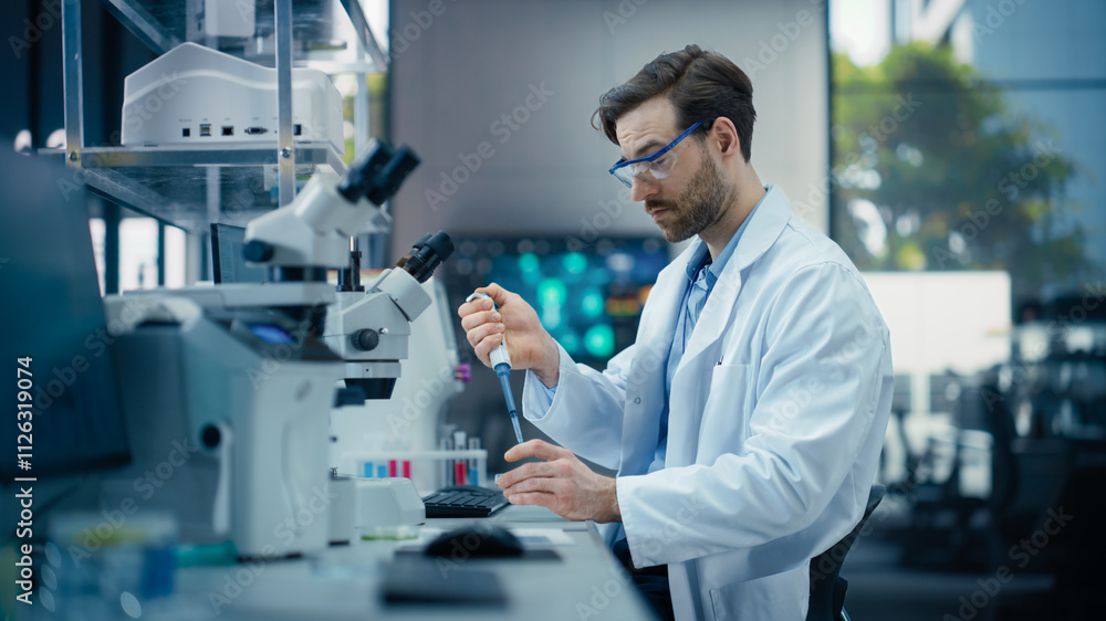 Poster pharmaceutical laboratory: young male scientist working with samples, using micro pipette for mixing