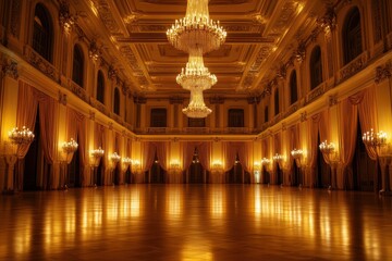 Obraz premium Elegant grand ballroom with layered decor, showcasing opulent design and sophisticated ambiance for events.