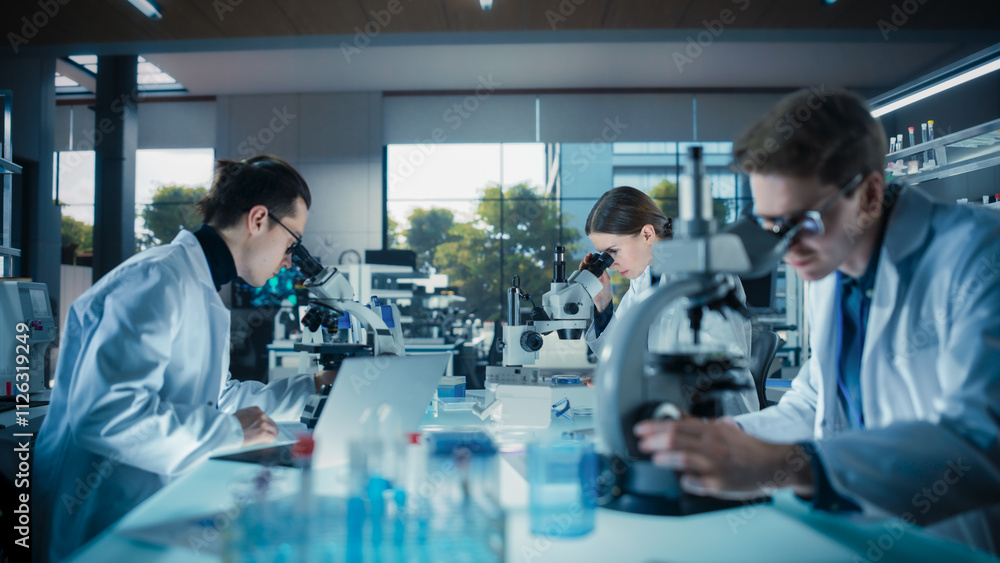 Leinwandbilder molecular biology research scientists looking at dna samples under a microscope in an applied scienc