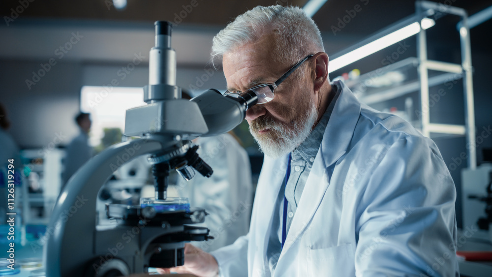 Poster medical research and development laboratory: middle aged head scientist working on research project,