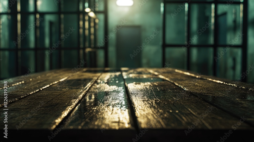 Poster the smooth wood of a table stands in contrast to the blurred and dark jail in the background, with m