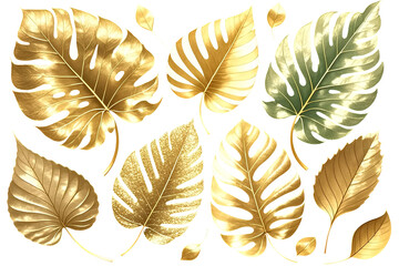 Golden leaves tropical botanical digital art png cutout transparent