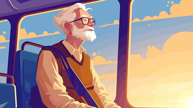 An older man is sitting in a bus. He is wearing glasses and a vest. The bus is on a road and the sky is blue