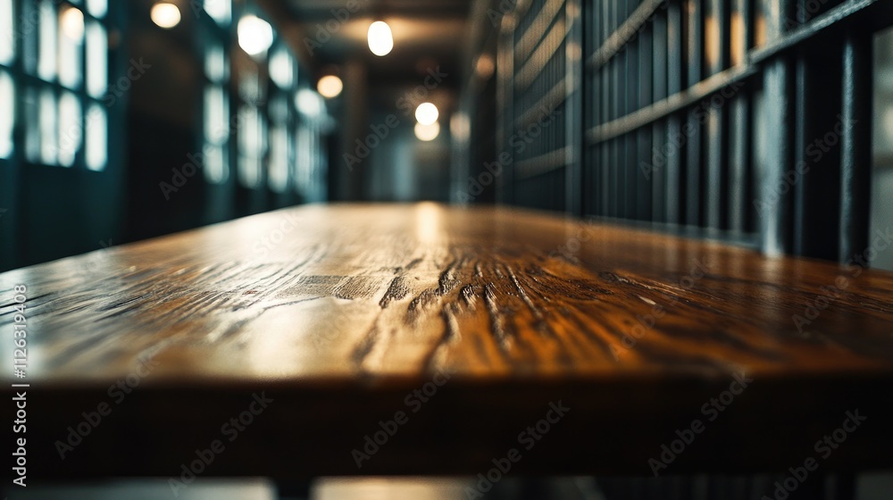 Poster the smooth wood of a table stands in contrast to the blurred and dark jail in the background, with m