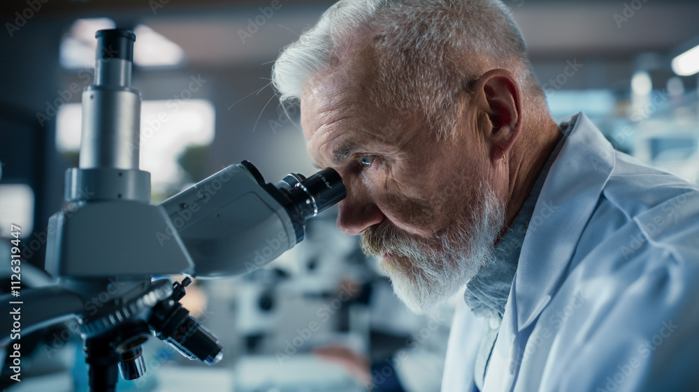 Poster senior medical research scientist looking at biological samples under a microscope in an applied sci