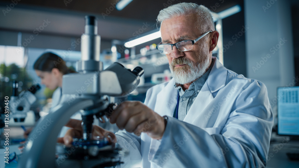 Poster senior medical research scientist looking at biological samples under a microscope in an applied sci