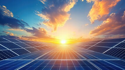 Solar Panel Landscape at Sunset with Colorful Sky Reflection