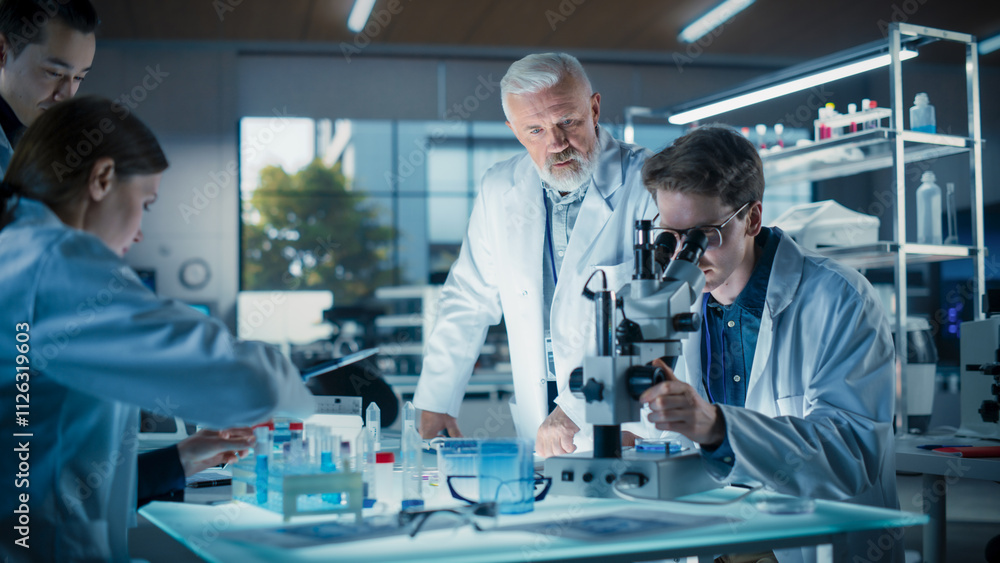 Poster modern medicine research laboratory: diverse team of smart young scientists conducting an experiment
